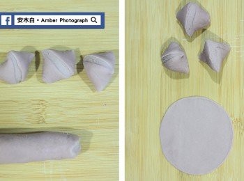 step4: 桌面上先灑些中筋麵粉，用雙手將靜置好的麵團，揉成長條形，分切成每份約10公克(分切時，記得每切一刀，轉90度後再切一刀，這樣子等會較易橄圓)。將分切好的每份，用手掌略為壓平後，再用擀麵棍壓成薄片。