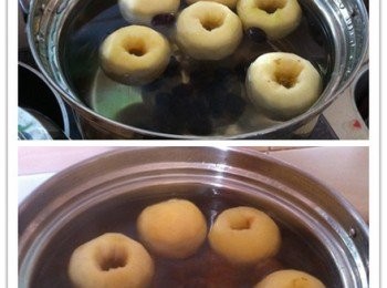 step2: 鍋中倒入食水煮滾后，加入蘋果，龍眼乾，冰糖。煮滾后小火燉煮25分鐘即可鎖起來保溫。