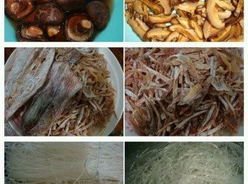 step4: 香菇泡軟，切片，魷魚用剪刀剪小條狀，粉絲滾水煮熟再過冷水。