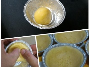 step3: 取出麵團分割成10份，放入一份麵團在撻模內，壓好底部然後由中間底部向外推及平均壓在撻模的周邊。用义在撻皮上刺幾個小洞後冷藏至硬。