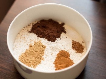 step1: 事先預備: 牛油及雞蛋放室溫，所有乾材料除黃糖外拌勻過篩，薑切幼細粒狀（可用食物處理器代勞）