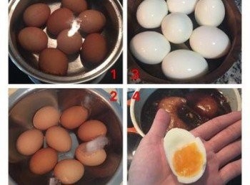 step7: 滷雞腿時，順便煮滾一鍋水，小心的將蛋放入，設定計時7分鐘，持續用中大火繼續煮。同時準備一鍋冰水，等7分鐘到，馬上撈出雞蛋泡入冰水中。等到雞蛋完全降溫後便可以將每顆雞蛋的兩邊和側邊都敲裂後，再放回冰水中泡ㄧ下，接著從較圓的那側開始剝殼，剝完後用可飲用水沖洗乾淨備用。圖4為煮7分鐘後的蛋黃狀態。