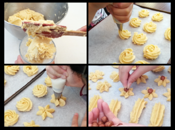 step4: 將唧咀放入唧袋內，然後將麵糰放入唧袋內，輕壓唧袋。在焗盤鋪上牛油紙，隨意唧出所需形狀，然後才裝飾。若要加果仁：麵糰唧出花紋後，放一粒果仁在唧花上面 （我選用了榛子）一起焗。