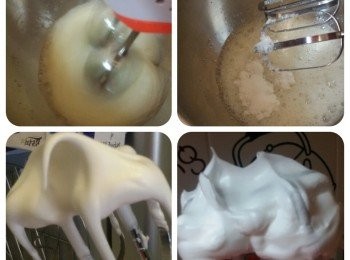 step4: 打蛋白霜：分3次糖加入蛋白，開始蛋白加幾滴檸檬汁高速打起泡加入1/3糖，打至細泡再加一半砂糖，繼續打至有紋路加最後全部砂糖打至倒鈎是軟性發泡，再轉中速打2分鐘左右成硬性發泡完成