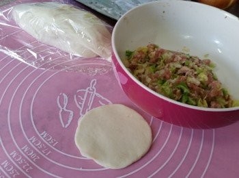 step4: 準備餡料: 

椰菜 (小的1/3個)
免治豬肉 (100g)

-豬肉用鹽/糖/生抽/雞粉/麻油各小許調味.
-椰菜切絲, 用小許 油略為炒香, 起鑊攤涼, 切成幼粒與豬肉混合, 順同一方向攪十數下備用.