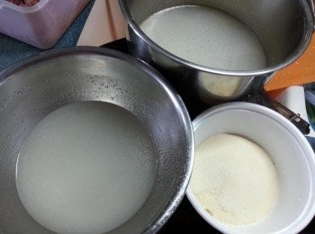 step8: 煲完豬手的湯水,先取出200ml湯灘凍，用作開魚膠粉,將魚膠粉與灘凍200ml豬手湯攪溶(湯必須灘凍才開魚膠粉,否則魚膠粉會起粒粒)