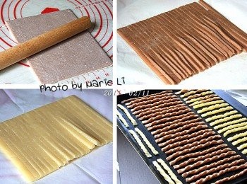 step14: 其實，這是用壓模餅乾壓好後殘下的邊邊做的

將《小熊與餐具》壓模壓完後
剩下沒用到的麵糰重新整理好放進烘焙紙中
再次擀成 0.3cm 厚度的方形麵糰

這部份的麵糰避免冰得太硬會不容易捲
所以送進冰箱冷藏即可，時間約半個小時以上
取出麵糰後切割成 0.3~0.5cm 的條狀
然後再一條條捲好後擺進烤盤中
送進已事先預熱好的烤箱中烘烤