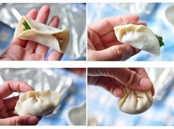 step6: 因為要放入電鍋蒸煮，稍微改變一下包法，包入內餡後，將左右兩邊抓摺，最後在用雙手靶左右兩邊往內縮並緊緊壓住固定