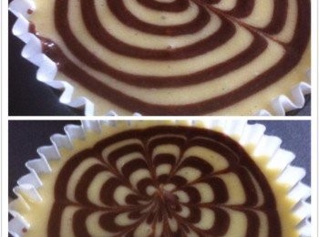 step1: 把調好的麵糊加入溶解的巧克力充分的攪拌均勻，裝進擠花袋即可拉花。
把自己調好的麵糊倒入烘焙紙杯8分滿，擠花袋剪個小洞，擠出巧克力麵糊，在麵糊畫漩渦，然後利用牙籤畫直線，成花型即可。