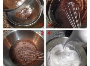 step3: 1~3. 將較多量的那份蛋黃液篩入低粉和可可粉,輕拌到麵粉和可可粉都溶化。 而40g的蛋黃液則篩入10g的低粉並輕拌到看不到麵粉(如下步驟四中的1) 4.蛋白略打發後加入檸檬汁。 再分3次加入糖，高速打到蛋白出現打痕後轉中低速打到硬發泡。攪拌器抽起時蛋白硬挺即可。 烤箱預熱到170度。