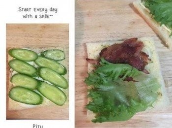 step6: 另外一個三明治則是在放蛋的那面放上小黃瓜片。另一邊放培根的那面放上適量的洋蔥片和生菜片再蓋上放起司的吐司片壓緊後對切。