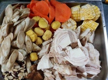 step1: 將所有材料去皮洗淨，切件，栗子去皮，陳皮浸軟，加入食用開水，水滾起計煮2個一3個鐘，落鹽調味即可。
