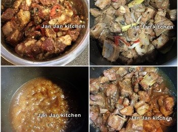 step1: 排骨醃半小時。下油爆香乾蔥頭及薑片，下排骨煎至金黃，灒酒加蓋5秒，加入水煮滾，全部材料倒入高速鍋，吃辣可加入指天椒，炆20分鐘後，先盛起排骨，汁料倒出過篩再倒回鍋，下生粉水收汁，埋好芡就將排骨回鍋拌勻。