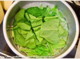 step3: 麵條快煮熟後，直接放入已洗淨，並分切成段的菠菜。