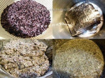 step1: 圓糯米和紫米先泡水3~4小時瀝乾水分.海苔放入容器倒入熱水.待泡軟攪拌均勻(不用果汁機).加入在來米粉.糯米粉和調味料拌勻.放入圓糯米和紫米拌成米糊