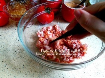 step1: 豬肉碎放入大碗內 , 加入<span class="group_2">醃料</span>拌勻靜待30分鐘