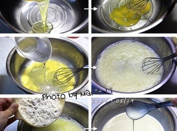 step2: 將雞蛋倒進工作鋼盆中打散
再加入冷水一起調勻成雞蛋水
把事先混合好的乾粉類慢慢加入雞蛋水中
仔細拌勻成無粉粒的狀態
最後會成為滑嫩液狀的麵糊。