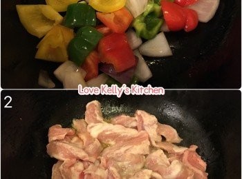 step1: 豬頸肉切片，三色椒和紅洋蔥切件備用；