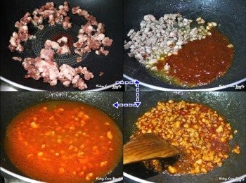 step3: 熱鍋之後倒入少量的沙拉油，放入肉末炒至變色釋出油脂後
再倒入蒜蓉辣豆瓣醬炒香後倒入高湯，灑入適量的黑胡椒