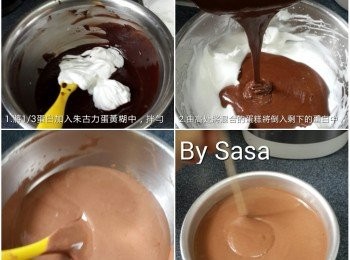 step7: 將1/3蛋白加入朱古力<span class="group_1">蛋黃糊</span>中用拌切法拌勻、再倒入剩下的蛋白中再用拌切法拌勻; 將拌好的朱古力麵糊由高处倒入活底模中, 再輕輕震幾下，用竹簽向四周攪勻(可去除多於氣泡)