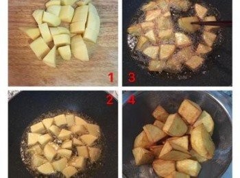 step3: 鍋內放入適量的油加熱，油量約可淹到馬玲薯高度的一半的量，馬玲薯切塊，用鹽抓過。油溫約150度時，馬玲薯下鍋用中火慢煎炸，下鍋後不要一直攪動，要先讓底下那面煎炸定型後再翻面。等馬玲薯用筷子可以輕易插過去時，就開大火讓馬玲薯外表成金黃色即可起鍋瀝油。