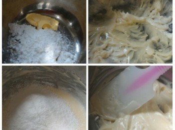 step2: 室溫牛油加糖霜打勻，分次倒入蛋白打勻再篩入低筋粉拌勻。