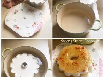 step3: 脫模小方法：想造美麗的年糕形狀又怕難脫模的話，可以用上金屬模。在大鍋倒入熱水，將金屬模浸泡熱水一分鐘，倒轉立即能夠離模。所有凍的甜點都可用上這個方法的。