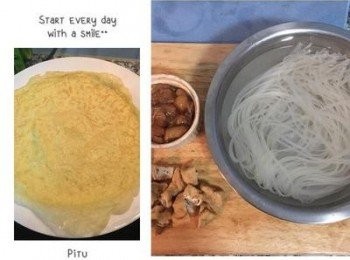 step2: 將乾的寬版河粉放入滾開水中泡10分鐘，同時間用一顆蛋與少許太白粉打勻打散后，用小火煎成蛋皮備用(如外面沒有要做蛋包者，則可省略煎蛋皮的動作)。