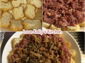 step1: 梅菜先洗乾淨再浸5-10分鐘，因為系醃製梅菜既過程都可能有d沙石痴左系d葉度，所以我就會浸一陣再冲下水，然後切粒備用；