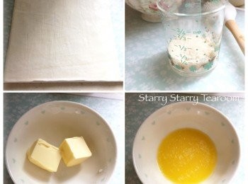 step1: 將急凍酥皮解凍，備用。 取出1/4量杯的幼砂糖，備用。將牛油加熱至液態，備用。