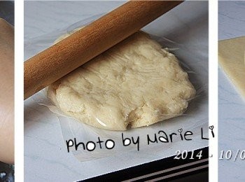 step3: 將所有材料拌勻並捏成糰狀
動作盡量迅速，以按壓的方式捏合成糰
過度搓揉易讓麵糰產生筋性影響口感

將成糰的餅乾麵糰放進乾淨的塑膠袋中
用擀麵棍擀成約 0.3cm厚度的片狀
放進冰箱中冷藏一個小時以上以利後續操作。