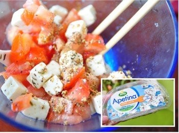 step2: 將蕃茄丁與乾酪丁連同甘酪盒中醬汁略拌