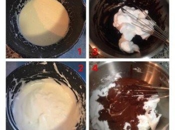 step4: 2.先取10g蛋白霜混入只有麵粉的蛋黃糊中,再依情況斟酌放入3-5g蛋白霜,看到蛋糕糊是拋拋的即可裝入夾鍊袋中備用. 3.先舀1/3蛋白霜進蛋黃巧克力糊中，輕輕拌勻。 4.將蛋黃巧克力糊倒入剩餘的蛋白霜裡，混勻。要快速但輕輕的拌勻，讓最後蛋糕糊呈「拋拋」的樣子。
