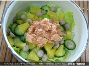 step5: 將鮪魚罐打開後，將1/2罐的鮪魚肉，直接夾放至<span class="group_1">食材</span>碗中。