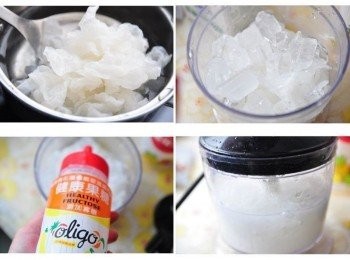 step2: 取一適量的銀耳，略滾煮川燙2分鐘撈起以泡在冰水裡變涼，再加入少許的冰塊與果糖放入調理機絞碎