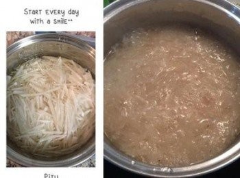 step1: 香菇、蝦米洗淨後泡水。 蘿蔔刨絲，加入5杯水(量米杯@160)(要包含香菇水和蝦米水)。 煮到蘿蔔絲呈透明即可。