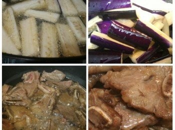 step3: 把茄子半煎炸半分鐘後瀝油。原鑊再下牛仔骨半煎炸至八成熟後瀝油。