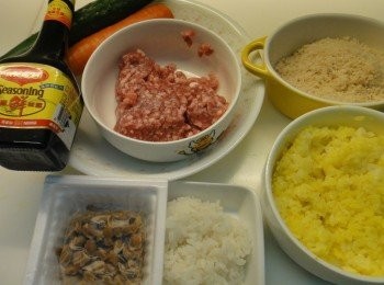 step1: 把材料備好,2碗半的飯拌入雞蛋拌飯料待用