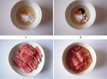 step2: 里脊肉在清水里浸泡20分鐘，去掉血水。用到將其切成2-3mm厚的大片。將肉片放在調好的漿裡，用手朝一個方向攪拌，使肉片上勁兒。