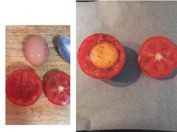 step2: 蕃茄從上端切開,用湯匙將蕃茄籽挖空,打入全蛋一顆,用少許鹽和胡椒粉調味後,擺在鋪了烘焙紙的烤盤上,用170度烤15分鐘後,關火悶5分鐘.