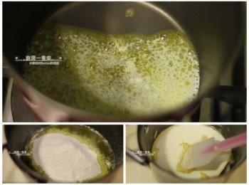 step6: 無鹽奶油以小火煮沸後，熄火，篩入低筋麵粉拌勻，再倒入牛奶混合。