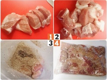 step1: 將豬肉切塊，放進夾鏈袋，接著將五香蒸肉粉和少許的醬油加入，夾鏈袋夾好後，將粉均勻的搓揉於每個肉塊，放冰箱冷藏30分鐘