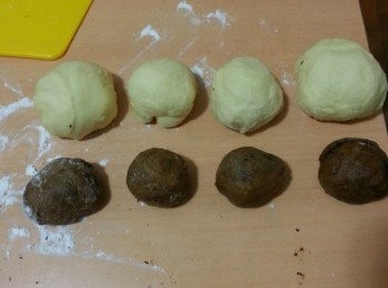 step5: 將分團平均分割成8份，普通的4份，咖啡的4份。靜止15分鐘。