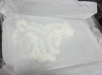 step9: 用一個淺身盤,放上一張牛油紙,灑上少許椰絲待用(椰絲用白鑊慢火炒一炒會更香,但不可以炒太耐,否則椰絲會黃)