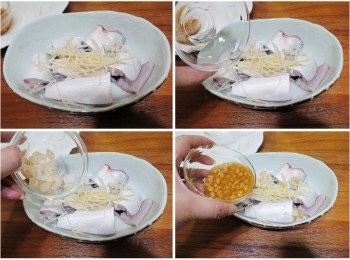 step2: 豆豉虱目魚放於稍有深度碗裡， 將[材料]調味都一起加入拌勻