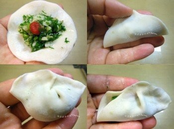step4: 取一張餃子皮放入適量內餡，依照圖片順序包起捏緊。
