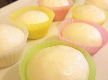 step2: 麵糰取出回溫排氣，分成8份略為滾圓放入模中，置室溫發酵約一小時至2倍大。