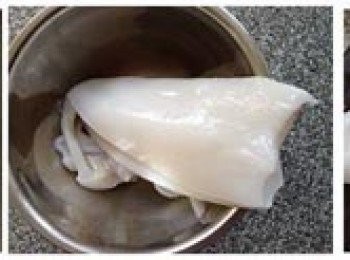 step1: 魷魚剝去外面的膜，洗乾淨，分成大塊。斜切花刀，再改刀成小塊。