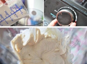 step2: 先將鮮奶油與果糖和鮮奶放入調理機內，輕輕轉動調理機速度自己控制轉速力道，直到鮮奶油打發