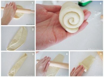 step5: 1）将球状面团压扁在擀成椭圆状。 2&3）将两侧的边缘往内折。 4）再次压扁并擀成1公分的厚度。 5&6）把面团卷成管状。
